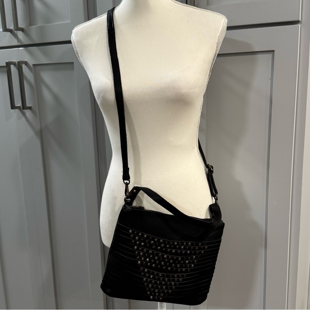 VIOLA CASTELLANI Made In Italy Leather Vintage Black Studded Crossbody Bag Purse - Picture 2 of 9